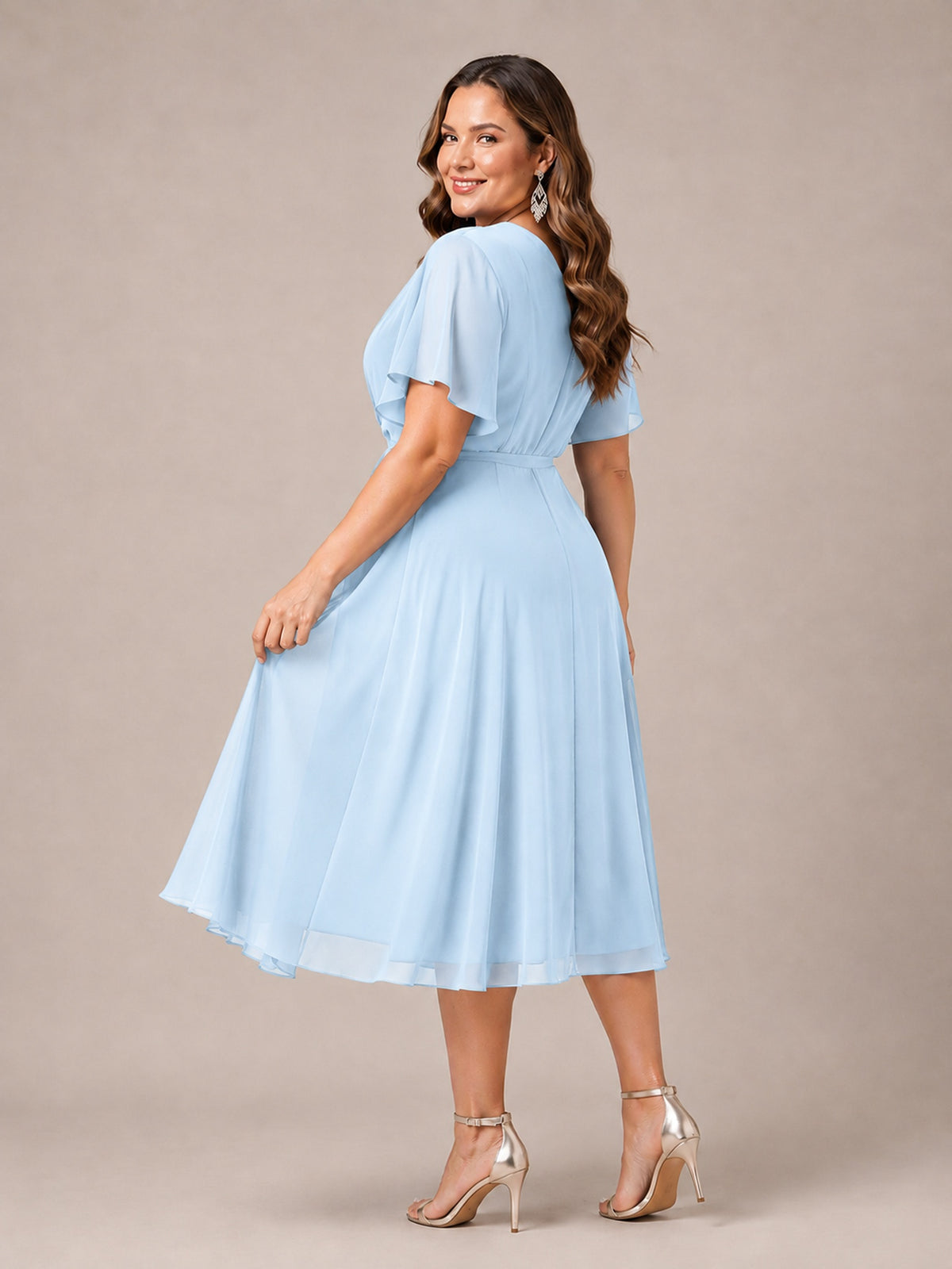 Navy Blue A-Line V-Neck Tea-Length Mother of the Bride Dress
