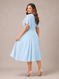 Navy Blue A-Line V-Neck Tea-Length Mother of the Bride Dress