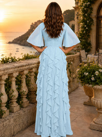 Elegant Chiffon Mother of the Bride Dress with Flutter Sleeves and Ruffle Skirt