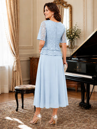 Tea-Length Chiffon Mother of the Bride Dress with Sequin Lace Sleeves