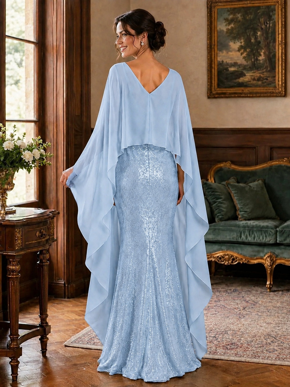 Sequin 2 Pieces Mother of the Bride Dress with Cap Sleeves Chiffon Formal Gowns