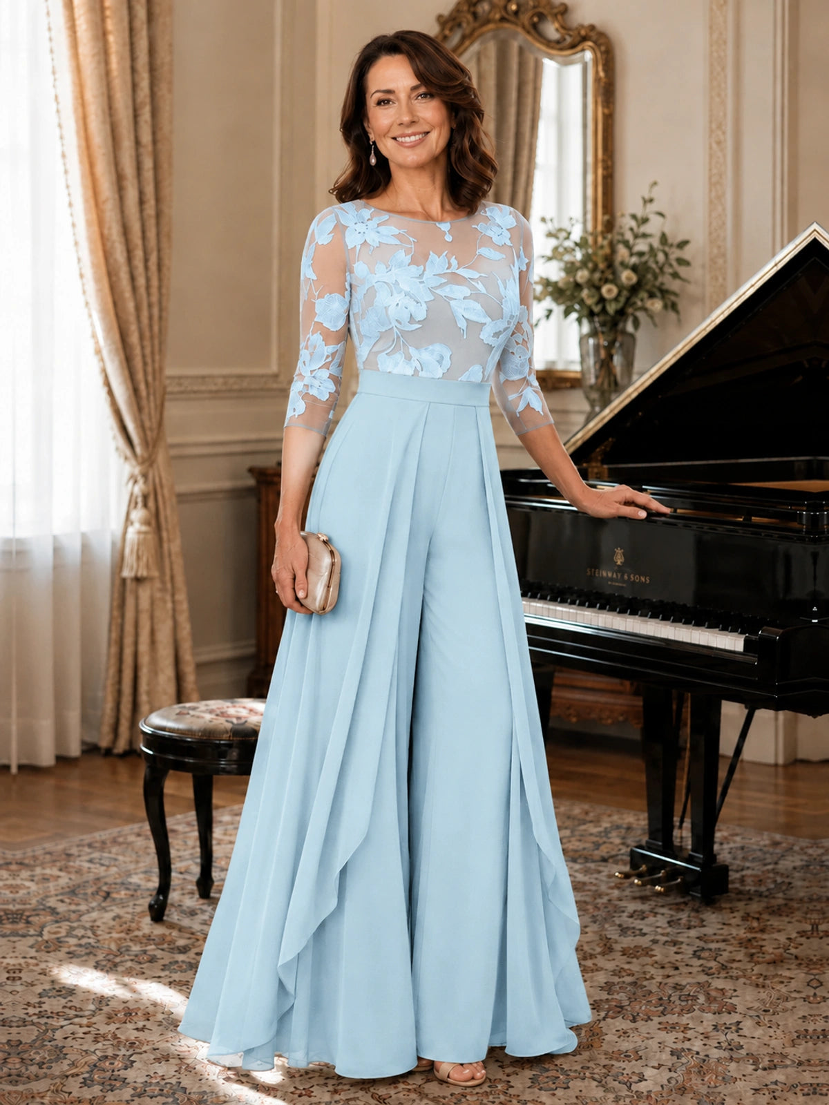 Lace Applique Wide-Leg Chiffon Mother of the Bride Jumpsuit
