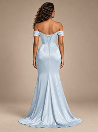 Burgundy Off-the-Shoulder Satin Corset Prom Dress with Slit