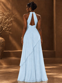 Wrap Pleated Prom Dress Halter A-line Chiffon Formal Wedding Dress