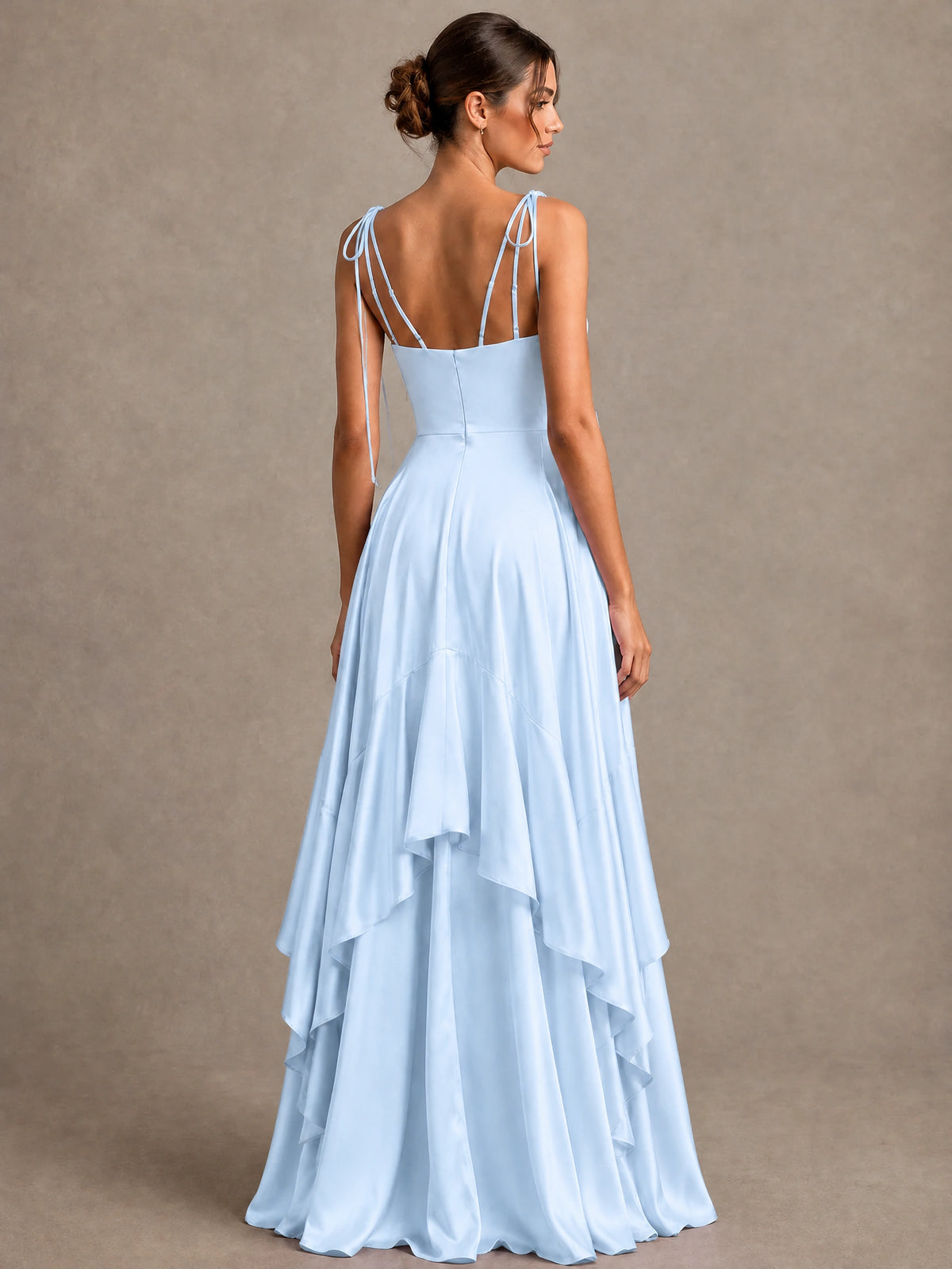 Lavender Satin V-Neck Ruffle Maxi Dress