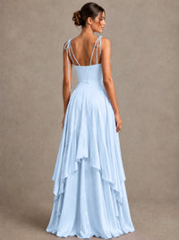 Lavender Satin V-Neck Ruffle Maxi Dress