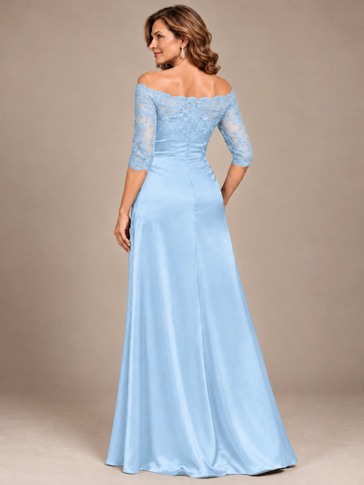 Satin Mother of the Bride Dress with Lace Sleeves Off Shoulder Formal Gown