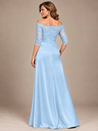 Satin Mother of the Bride Dress with Lace Sleeves Off Shoulder Formal Gown