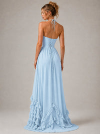 Halter V Neck Chiffon Formal Dress with Lace-Up Back and Ruffle Hem