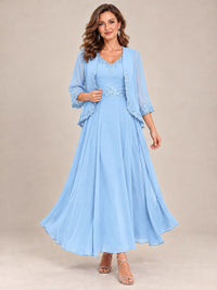 Dusty Blue Floral Lace Chiffon Mother of the Bride Dress with Jacket