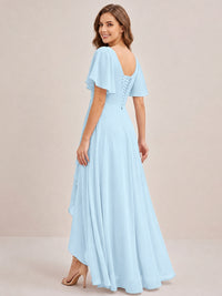 Dusty Blue Chiffon Bridesmaid Dress with Flutter Sleeves & High-Low Hem