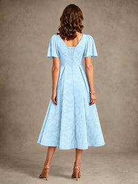 V-Neck Floral Jacquard Tea-Length Mother of the Bride Dress