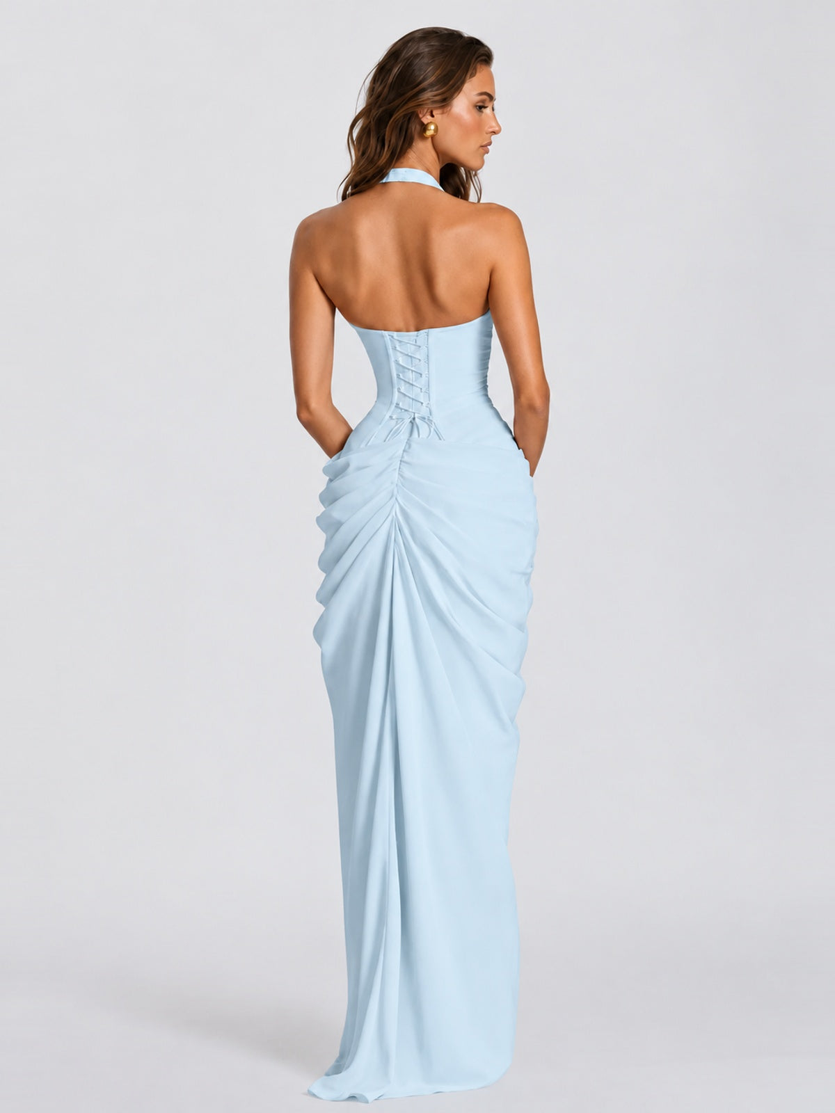 Ruched Halter Neck High-Slit Prom & Evening Dress