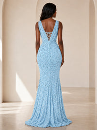 Sequin Mermaid Prom Dress with V-Neck and Ruched Waist