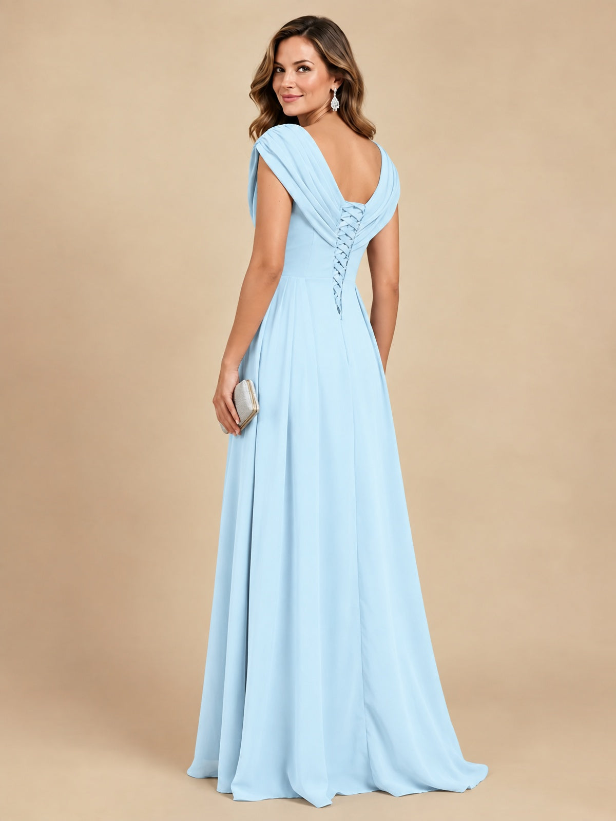V Neck Pleated Mother of The Bride Dresses with Beading Cap Sleeves