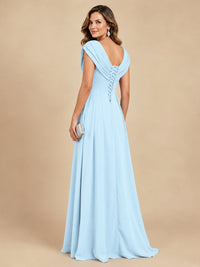 V Neck Pleated Mother of The Bride Dresses with Beading Cap Sleeves