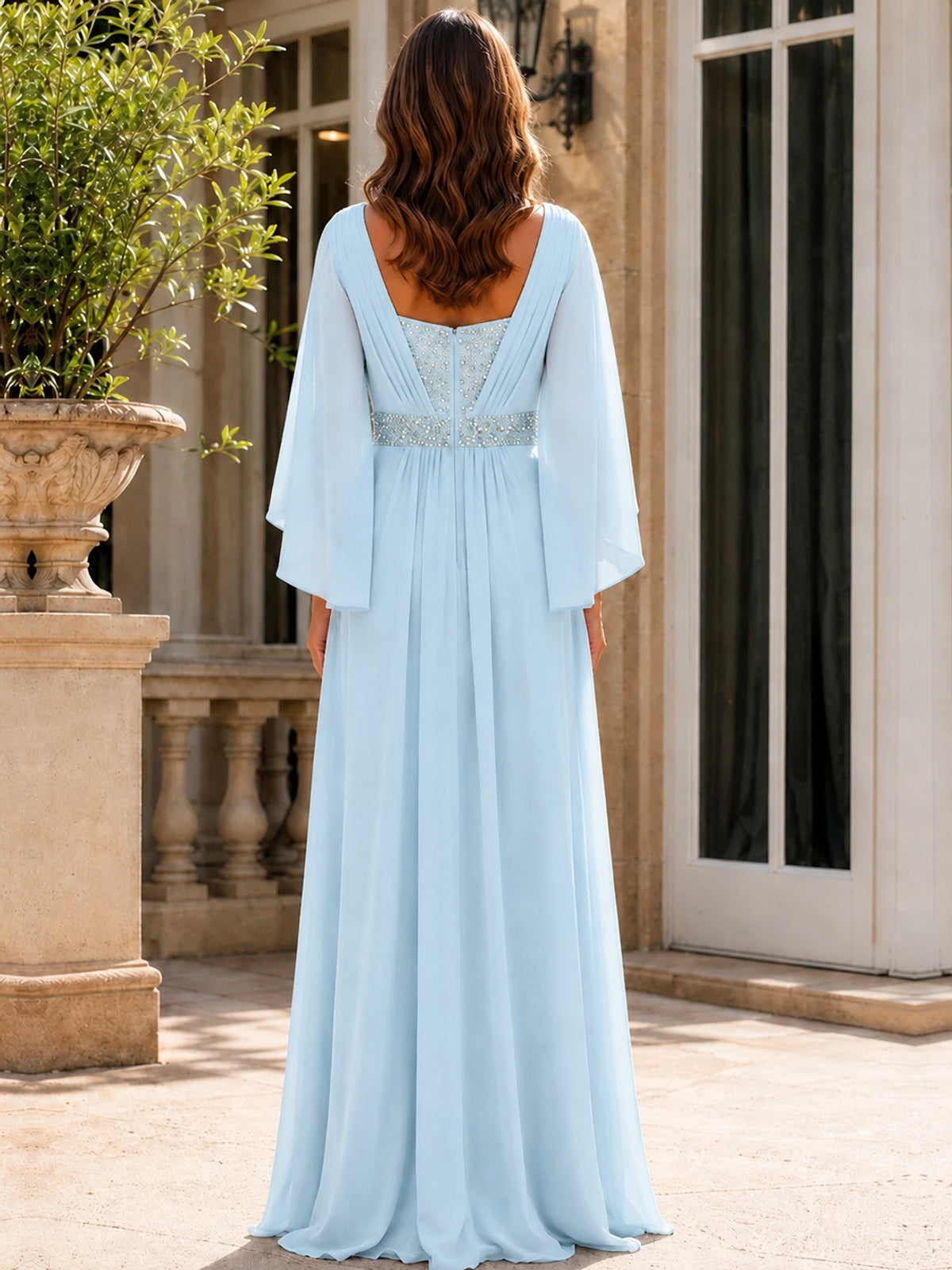 Elegant V-Neck Sequined Chiffon Mother of the Bride Dress with Flutter Sleeves