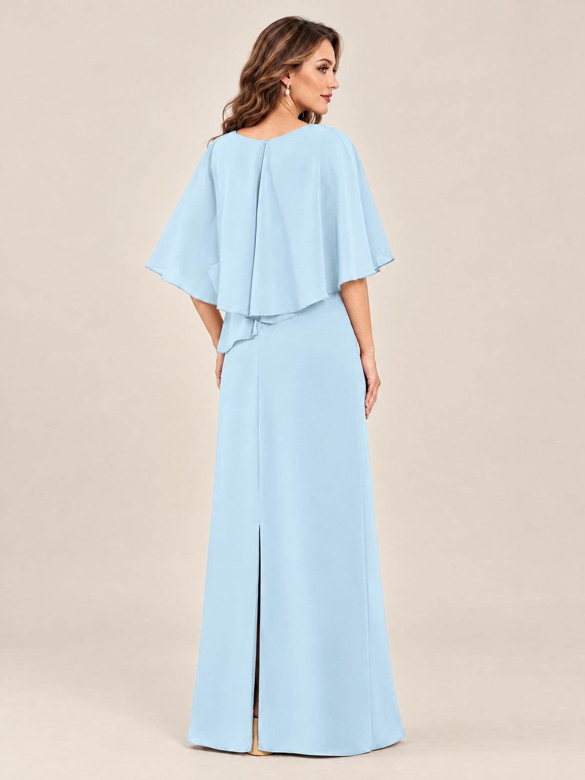 Cape Sleeve Mother of the Bride Dress with Asymmetrical Overlay