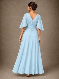V-Neck Chiffon Lace Mother of the Bride Dress with Flutter Sleeves