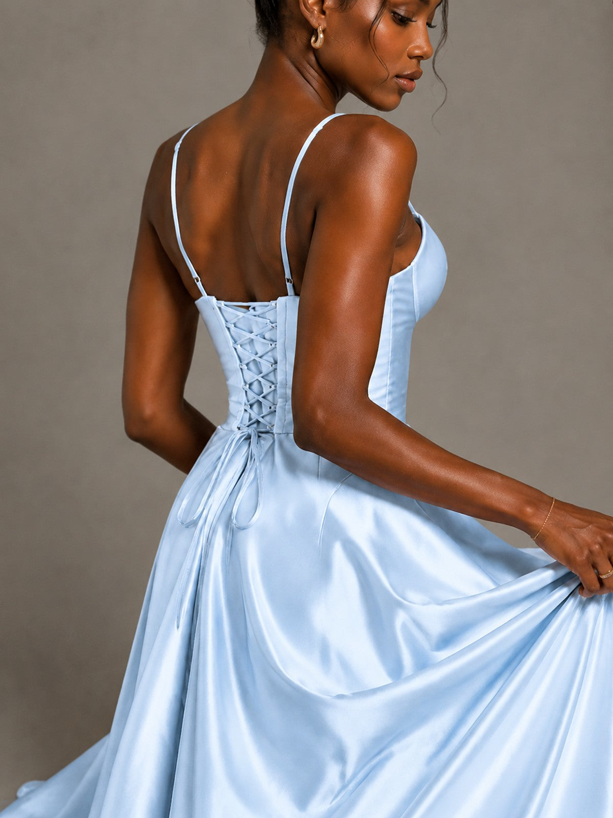 Lavender V Neck Satin Prom Dress with Spaghetti Straps