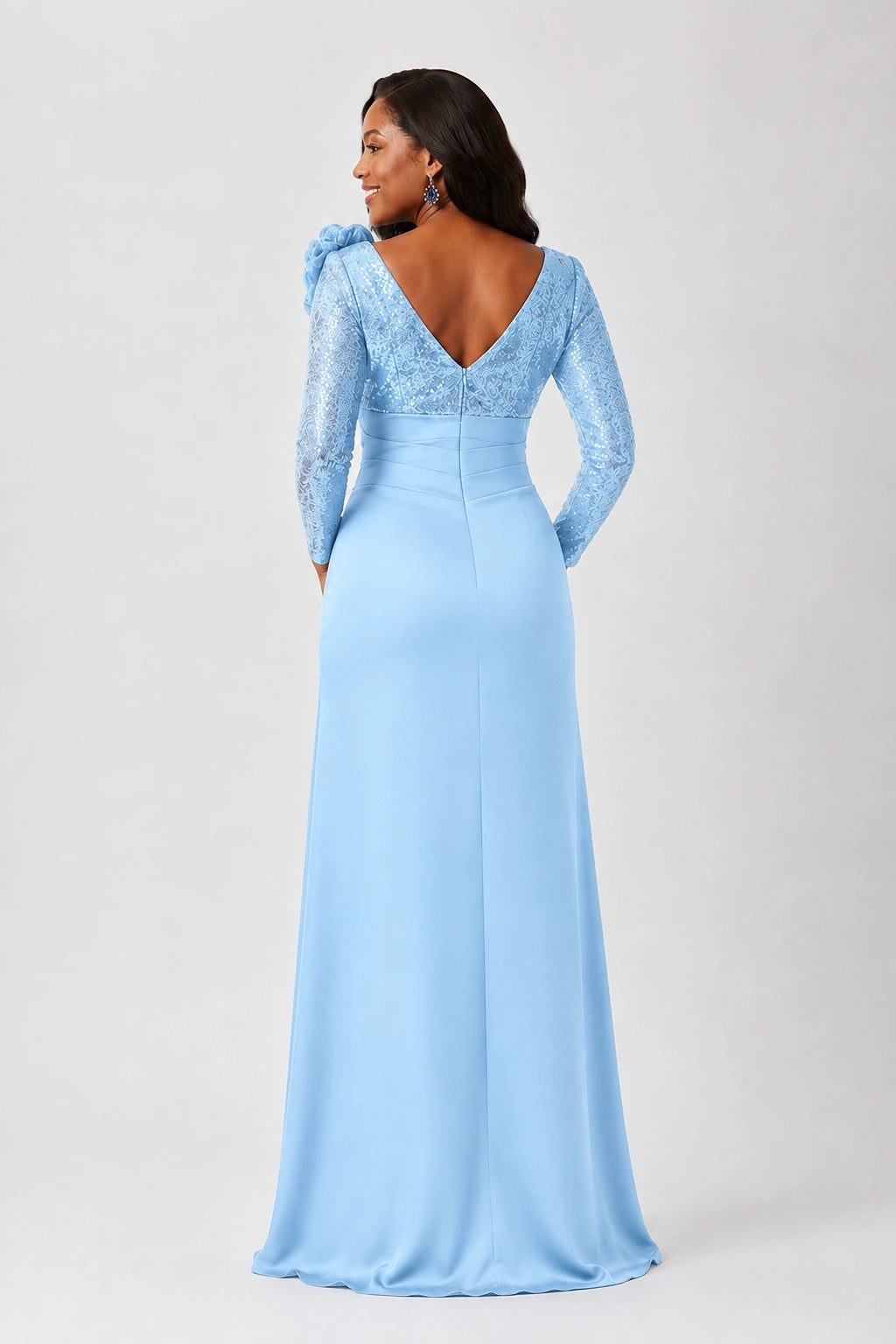 Sequin Mother of the Bride Dress with Long Sleeves 3D Floral V-Neck Gown