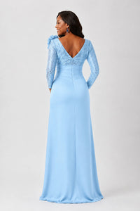 Sequin Mother of the Bride Dress with Long Sleeves 3D Floral V-Neck Gown
