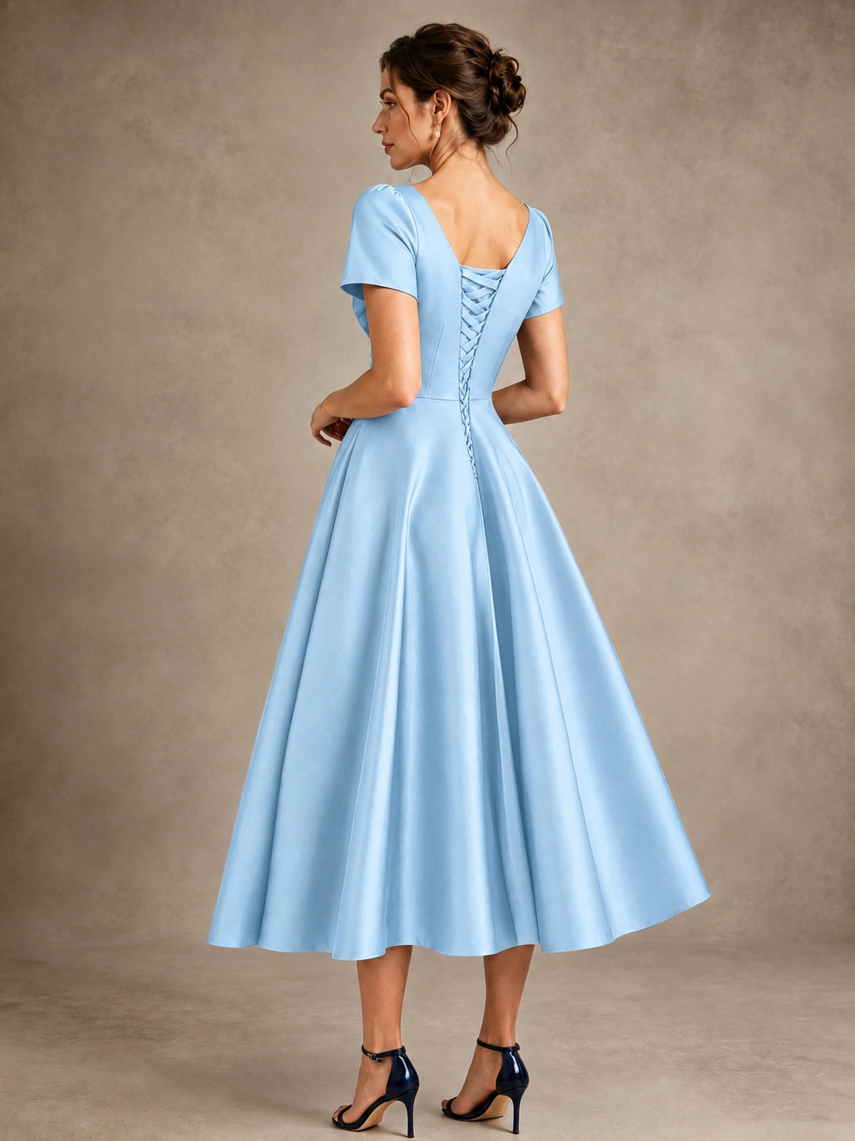V-Neck Tea-Length Satin Mother of the Bride Dress with Bow