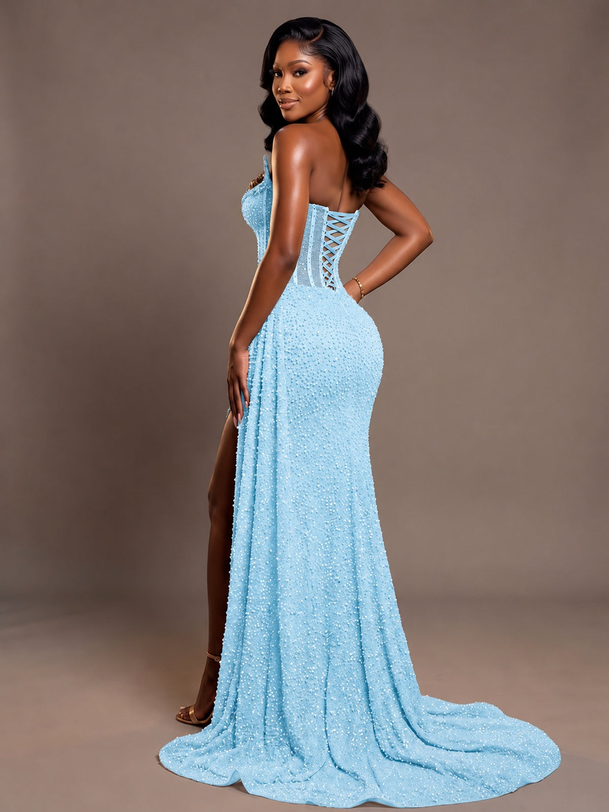 Luxury Strapless Sequin Corset Mermaid Prom Dress with High Slit & Train