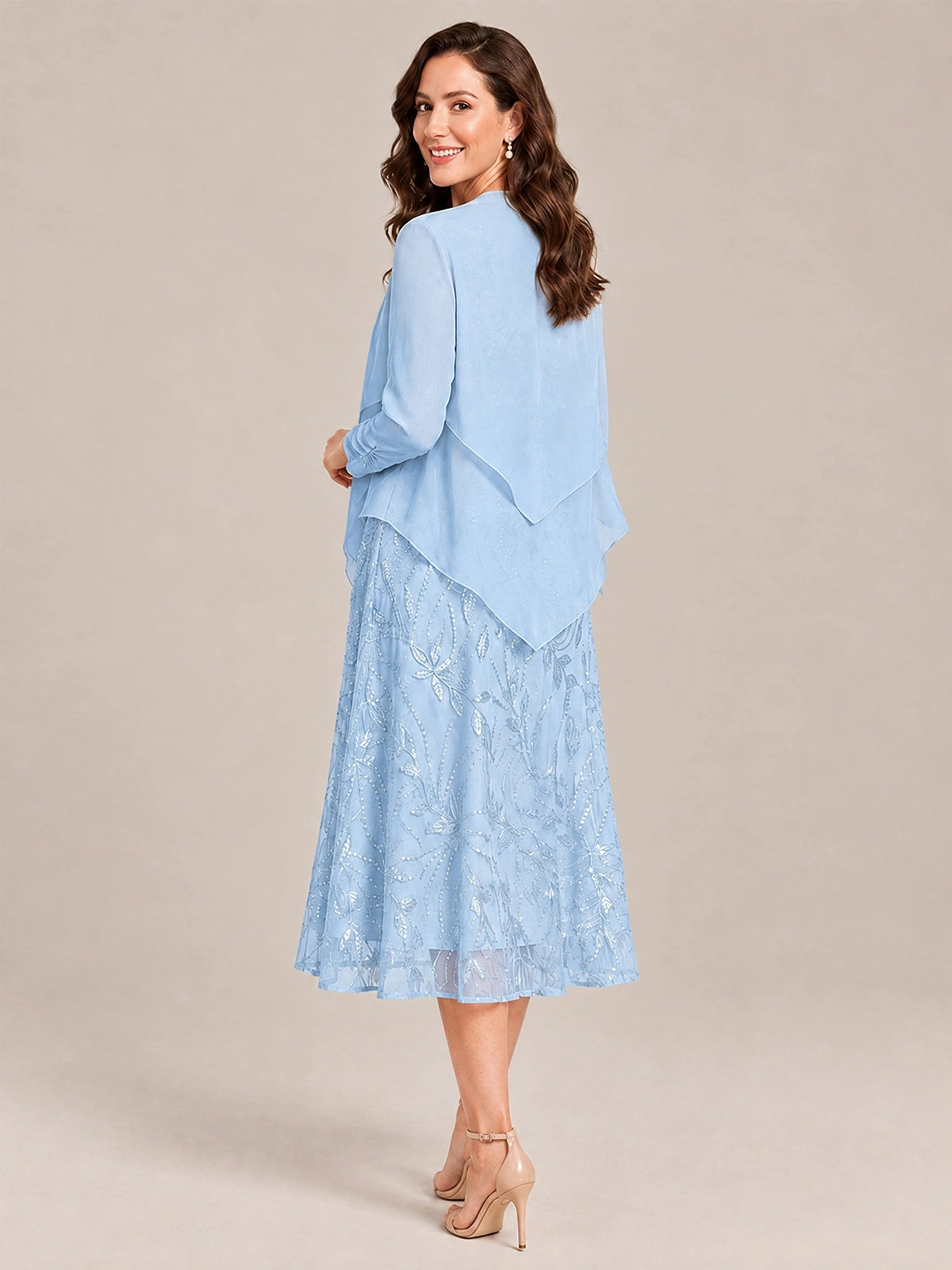 Tea Length Sequin Lace Mother of the Bride Dress with Chiffon Jacket