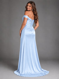 Off Shoulder Satin Maxi Dress with Slit