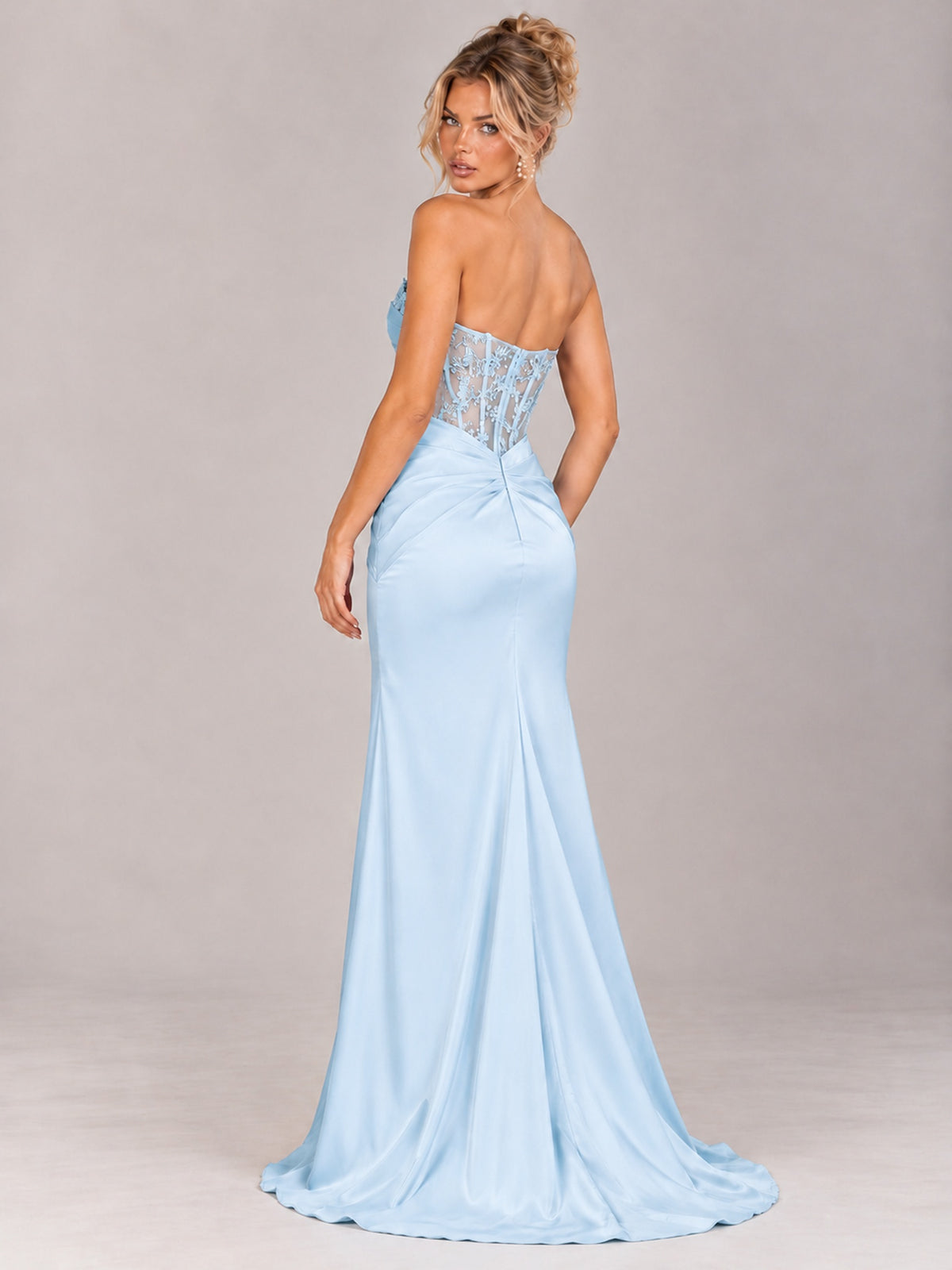 Strapless Satin Prom Dress with Sheer Lace Corset & High Slit