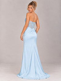 Strapless Satin Prom Dress with Sheer Lace Corset & High Slit