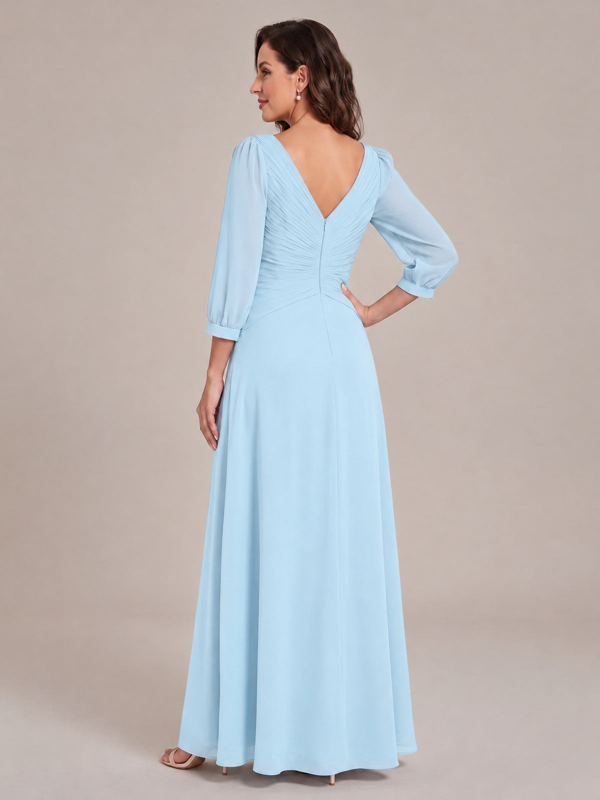 V-Neck Pleated Chiffon Mother of the Bride Dress with Flutter Sleeves