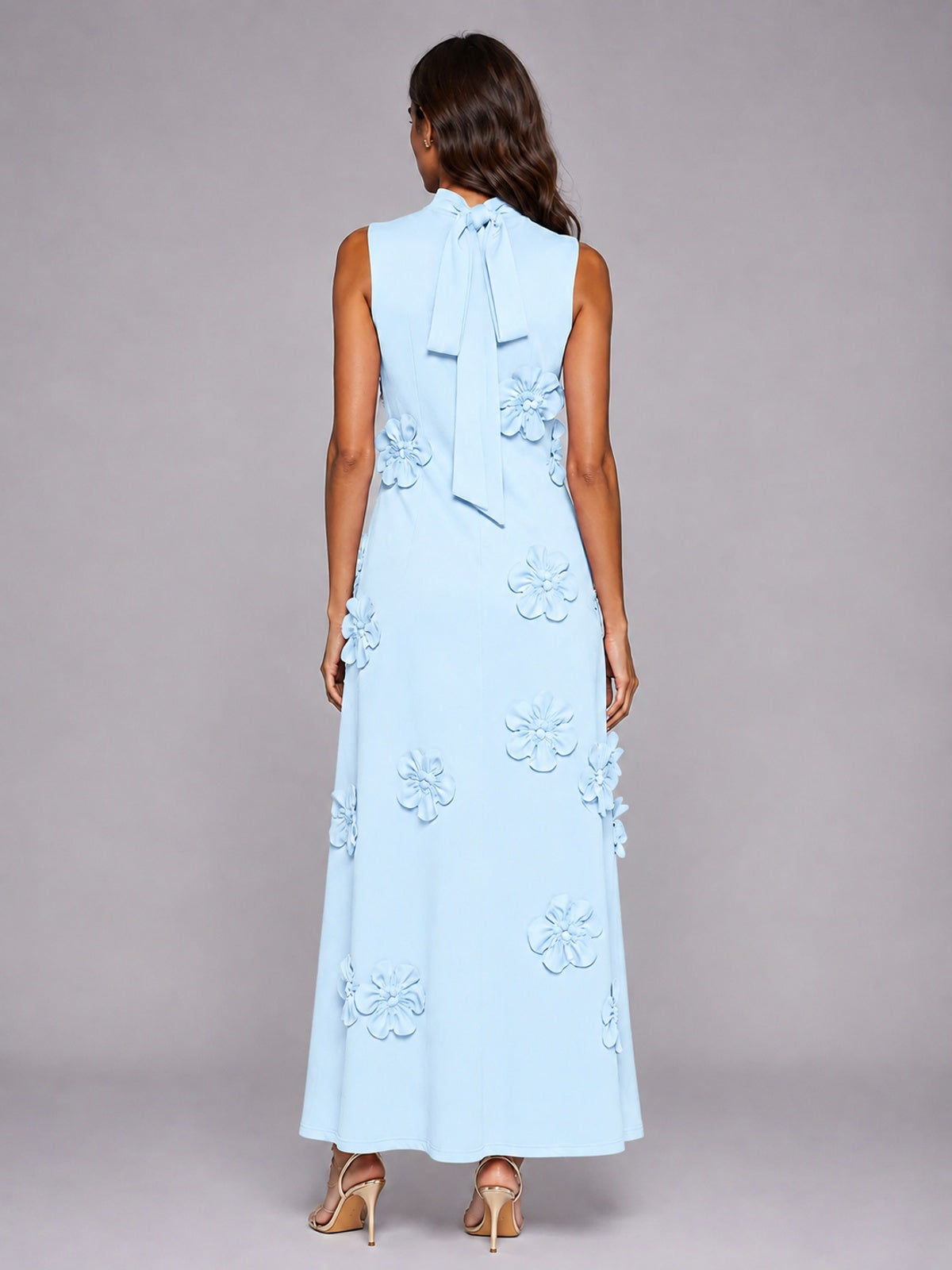3D Floral Applique High Neck Prom Maxi Dress