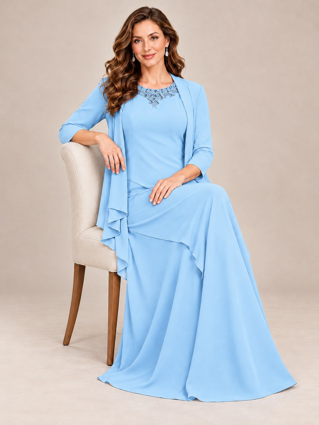 Dusty Blue Two-Piece Chiffon Mother of the Bride Dress with Jacket