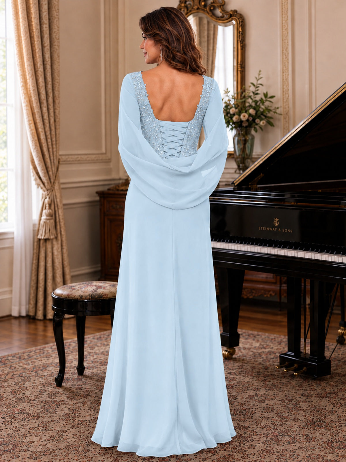 Elegant Applique Chiffon Mother of the Bride Dress with Cape Sleeves