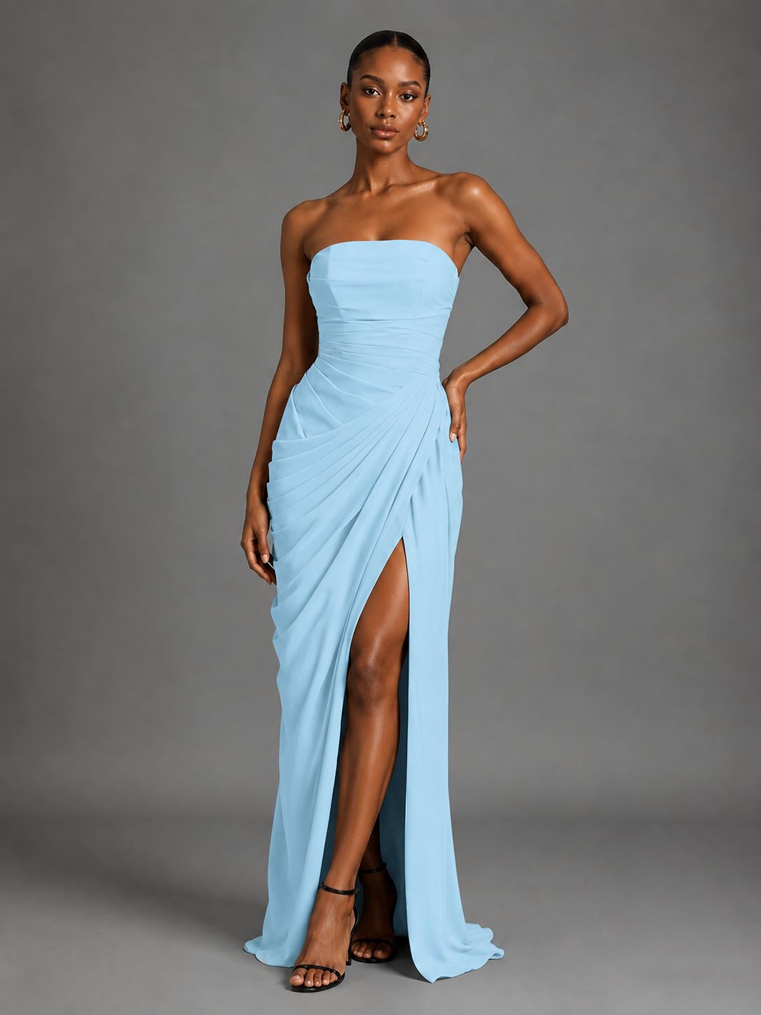 Strapless Bodycon Pleated Chiffon Formal Dress with Slit