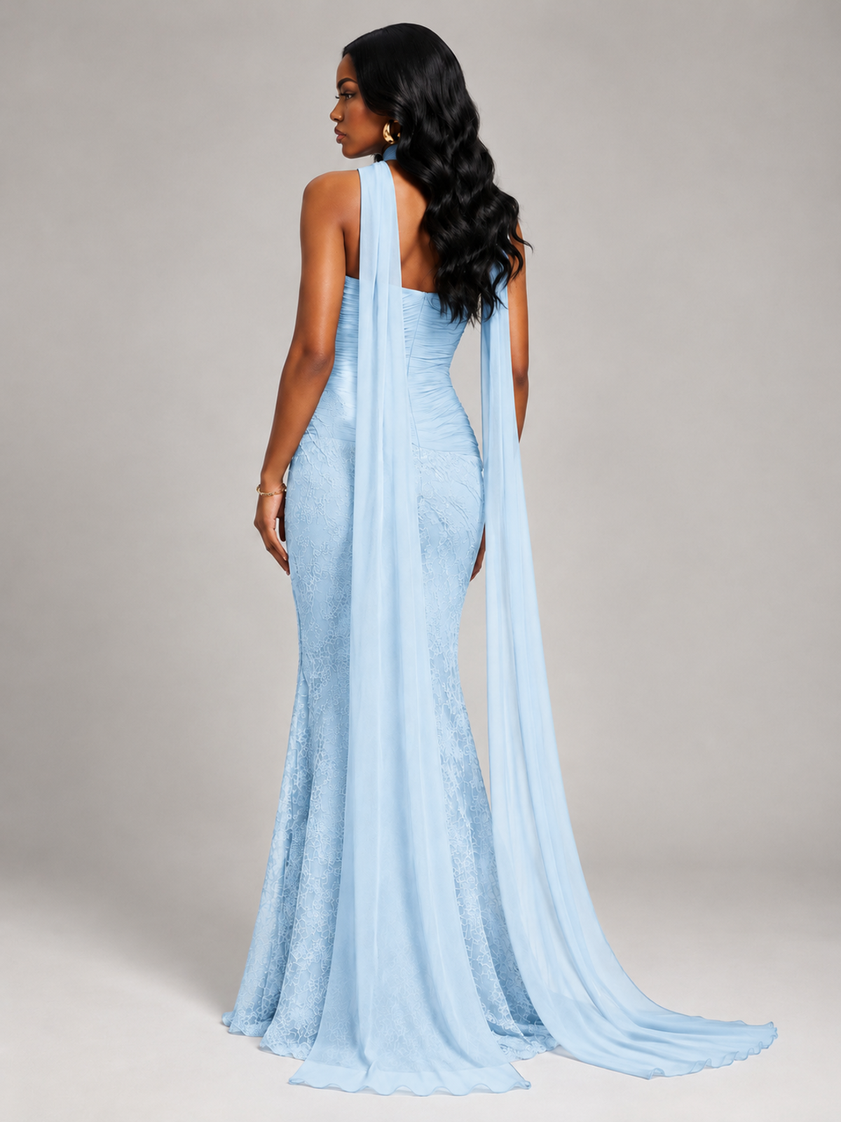 Pleated Chiffon Lace Prom Dresses Long Bodycon Mermaid with Scarf