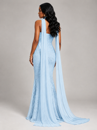 Pleated Chiffon Lace Prom Dresses Long Bodycon Mermaid with Scarf
