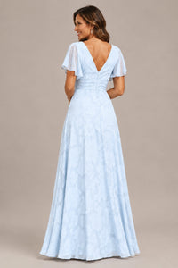 Jovellee Floral Chiffon A-Line Mother of the Bride Dress with Flutter Sleeves