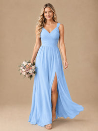 Pleated Chiffon V Neck Wedding Bridesmaid Dresses Floor Length with Slit