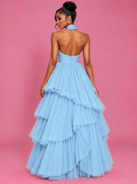 Hot Pink Tulle Halter Neck Tiered Ruffle Maxi Dress