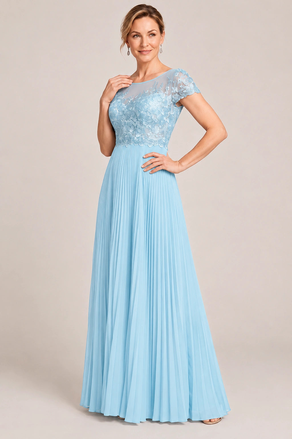 Embroidered Lace Pleated Mother of the Bride Dress