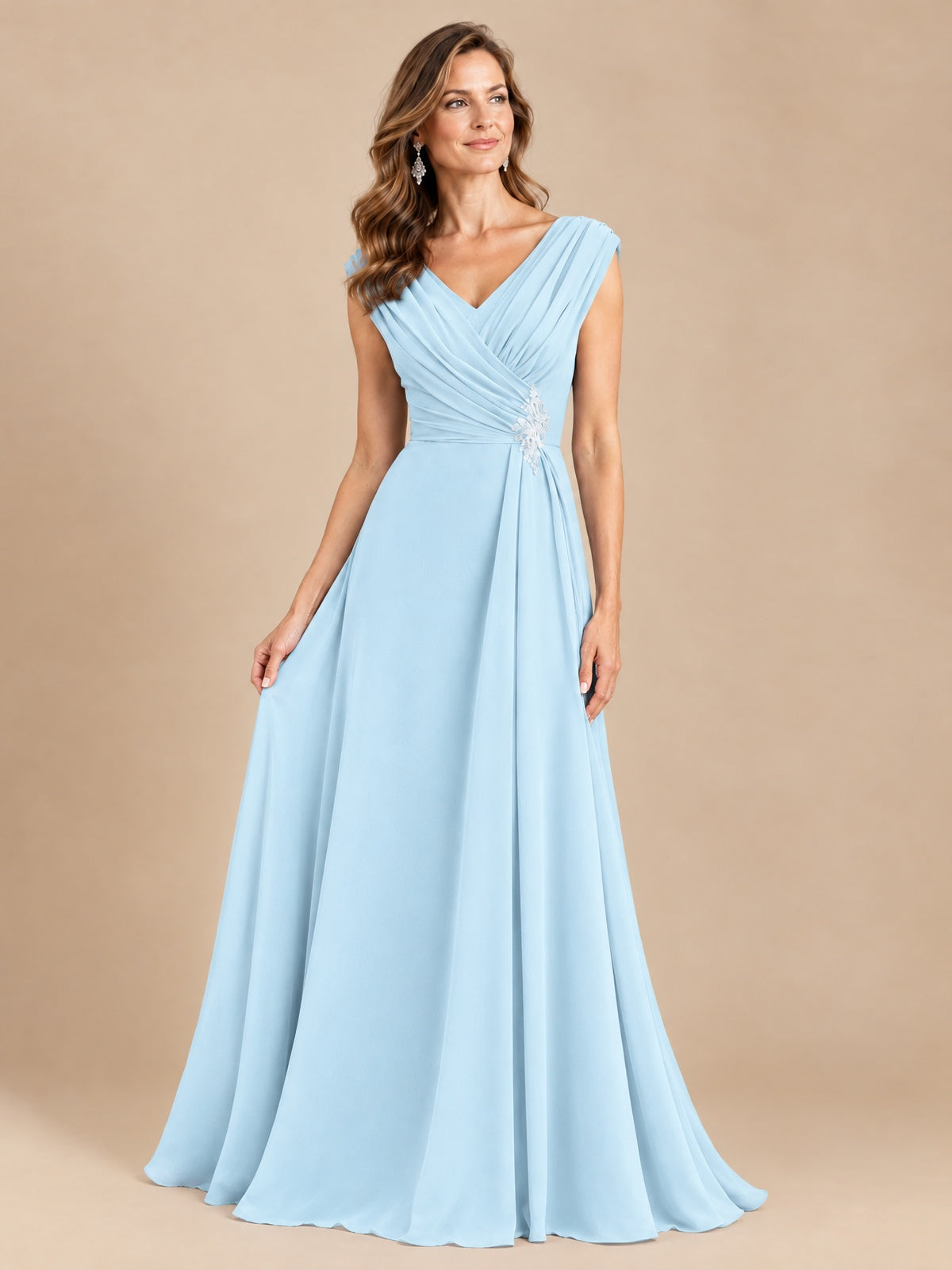 V Neck Pleated Mother of The Bride Dresses with Beading Cap Sleeves
