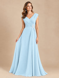 V Neck Pleated Mother of The Bride Dresses with Beading Cap Sleeves