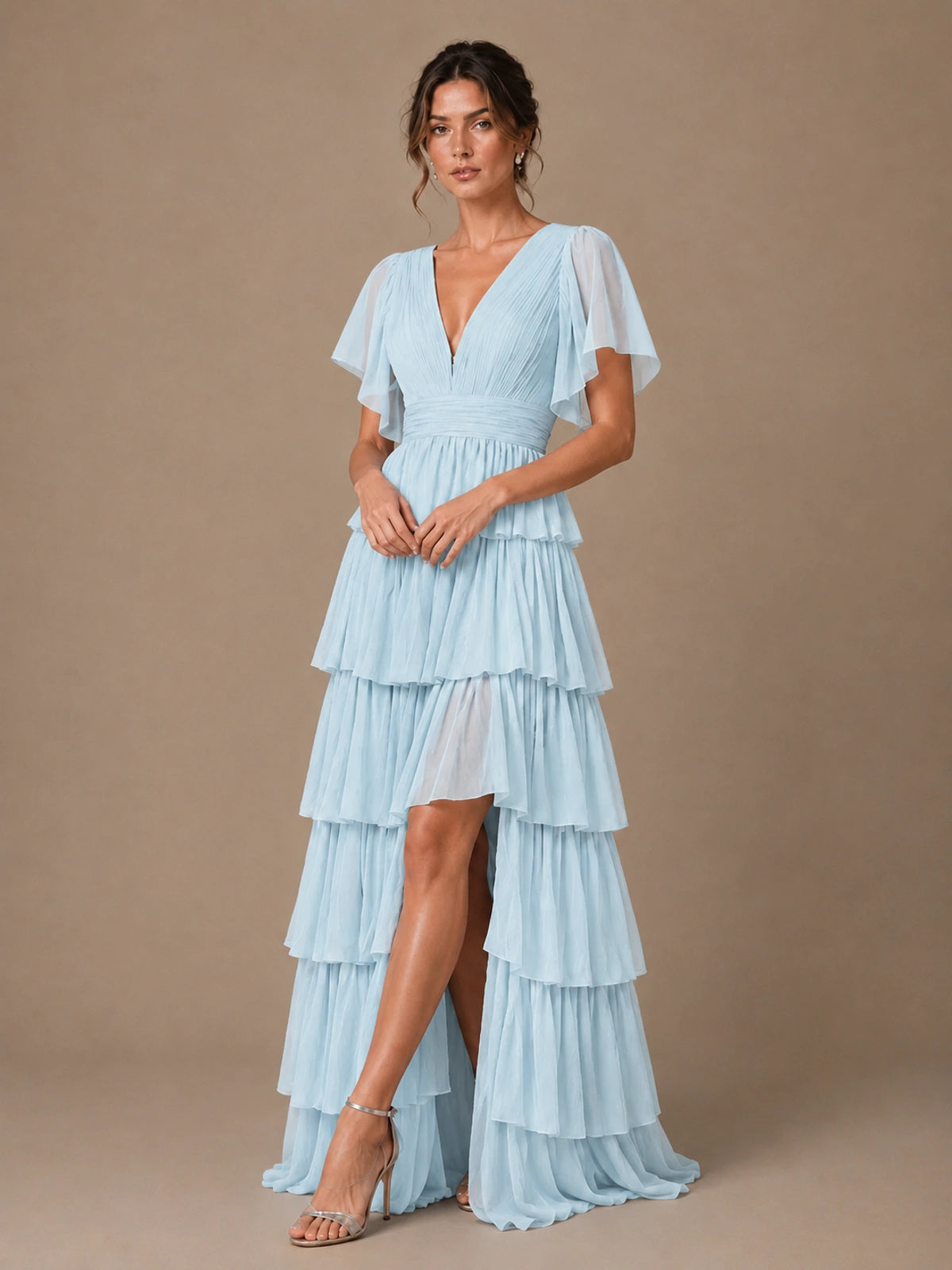 Chiffon V-Neck Tiered Ruffle Bridesmaid Dress with Slit
