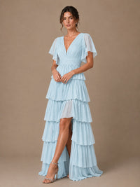 Chiffon V-Neck Tiered Ruffle Bridesmaid Dress with Slit