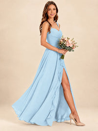 Spaghetti Straps Pleated Chiffon Bridesmaid Dress with Ruffle Slit