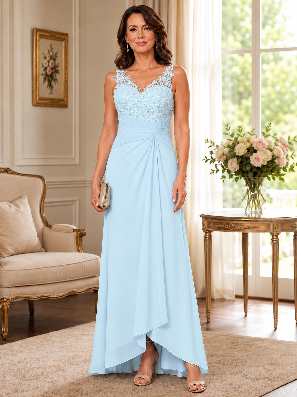 Elegant Chiffon Mother of the Bride Dress with Lace Applique and Cape Sleeves
