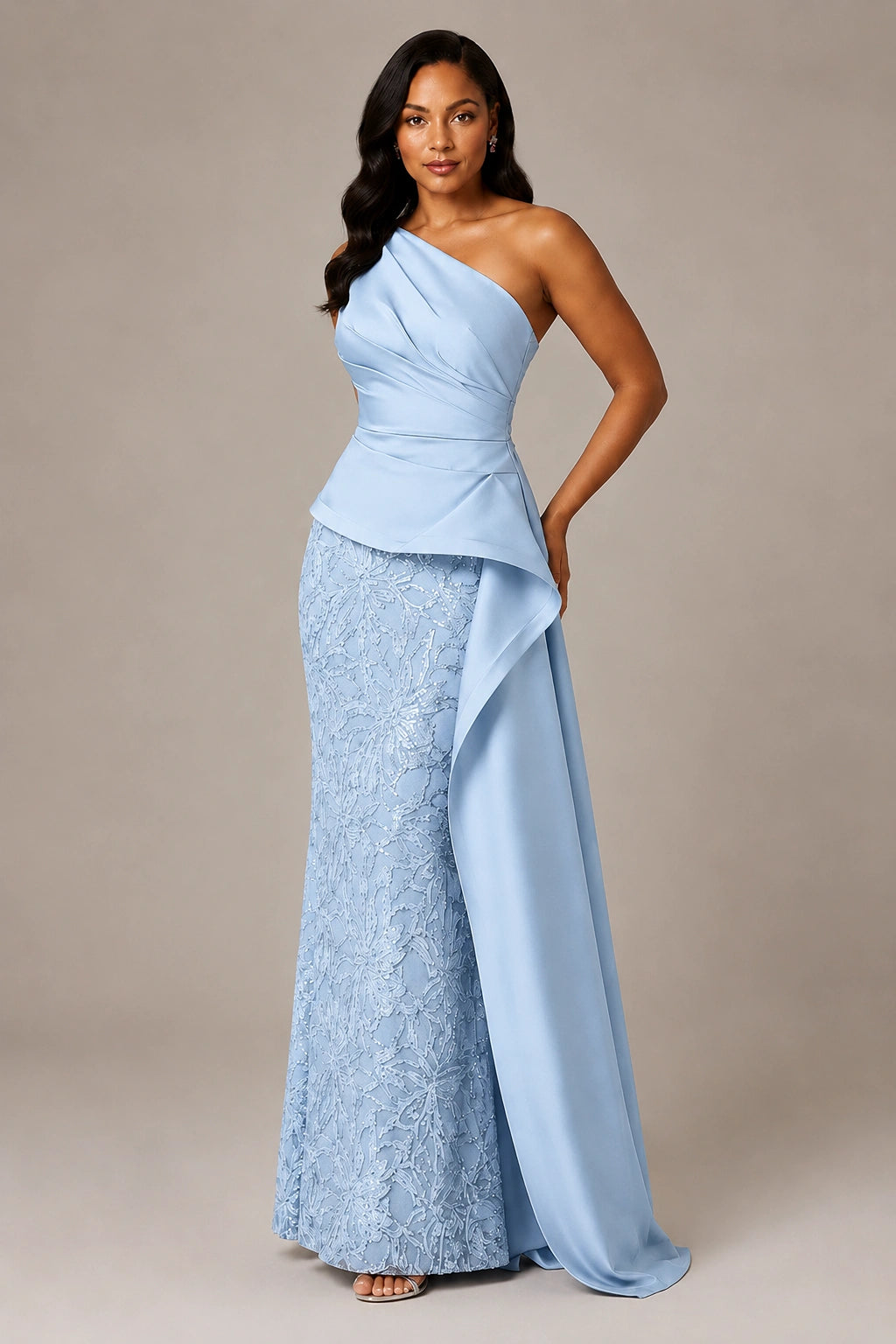 One-Shoulder Mother of the Bride Dress with Sequin Skirt and Peplum